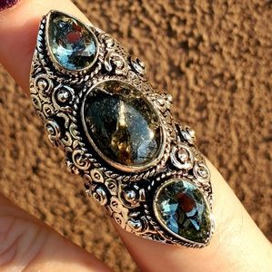 New Black Rutile & White Topaz 925 Silver Statement Ring.